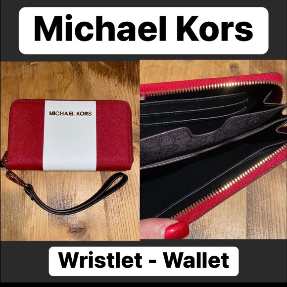 NWOT Michael Kors Essential zip Wallet Wristlet red & white leather - Picture 2 of 14